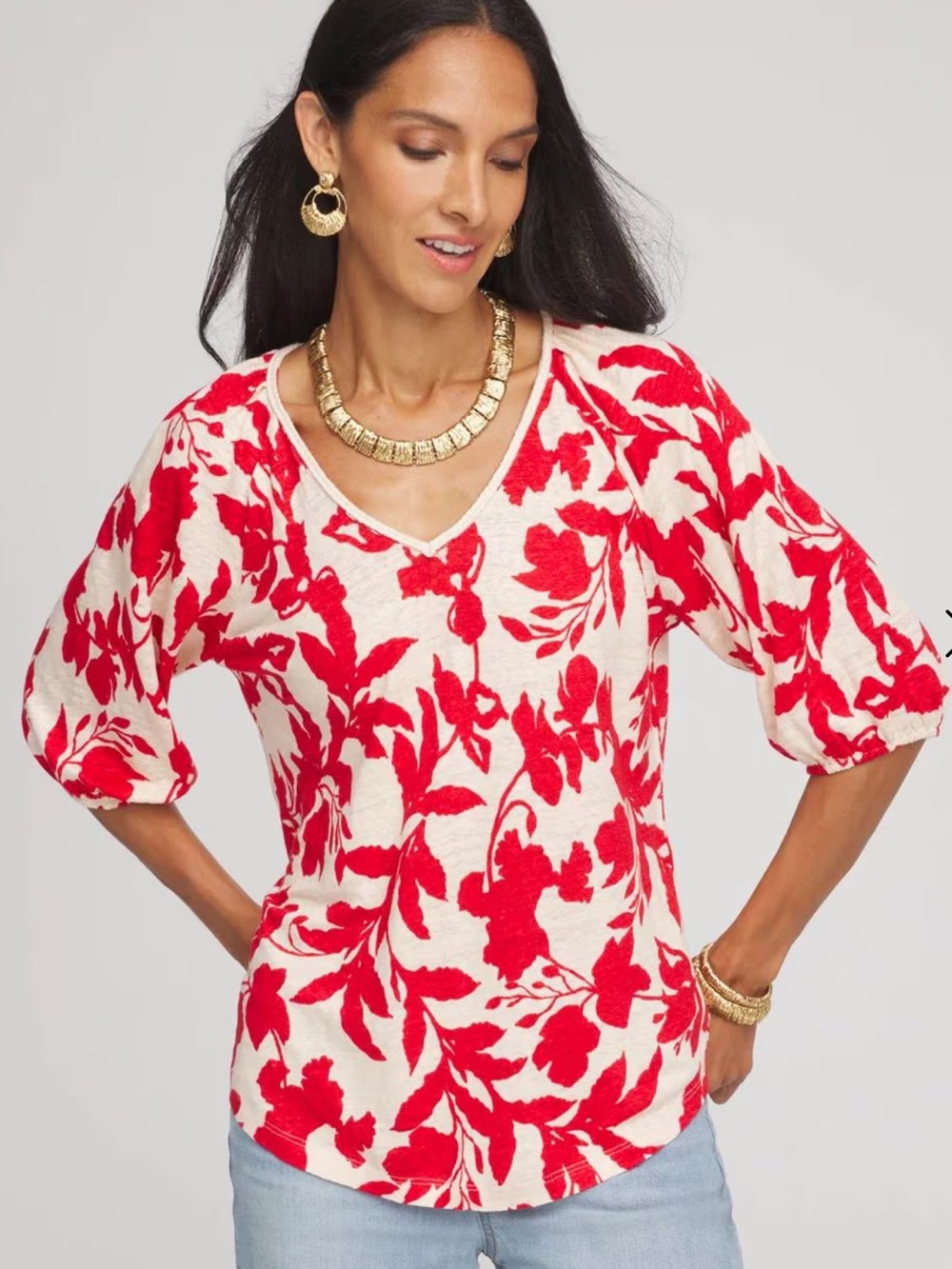 Chico’s Red Floral Braided Linen Blouse Top Size Large